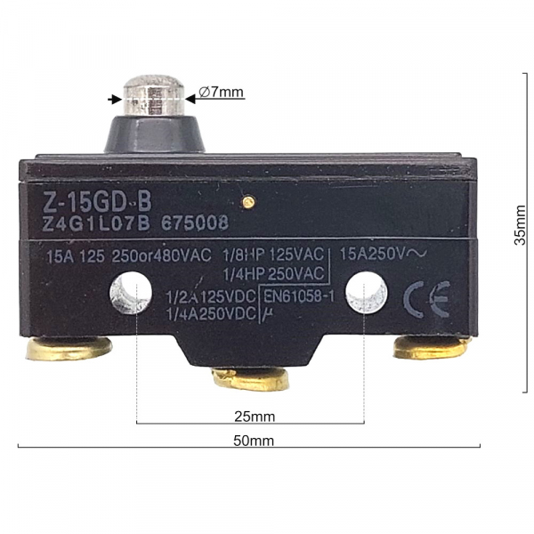 Микропереключатель Z15GD-B шток диаметром 7 мм ABAT 120000006514